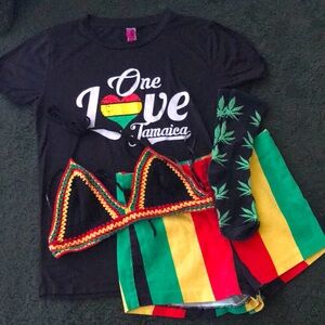 🟦Woman’s Bundle of 4 Pieces One Love Jamaica T-Shirt and Rasta Bikini Set